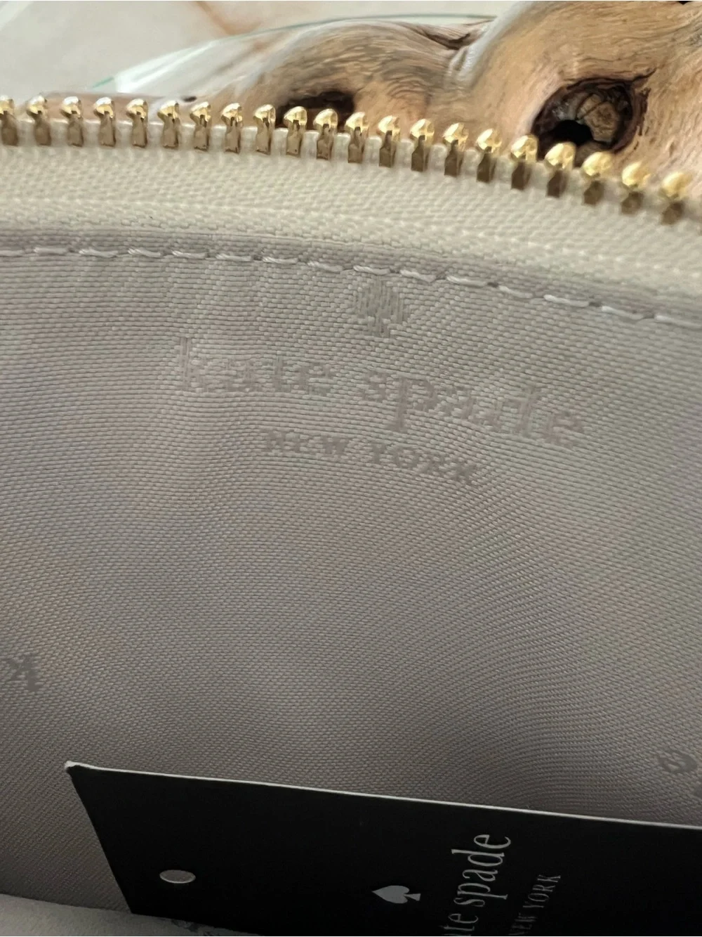 kate spade White Pebbled Leather Card & Key Holder with Gold Spade Logo